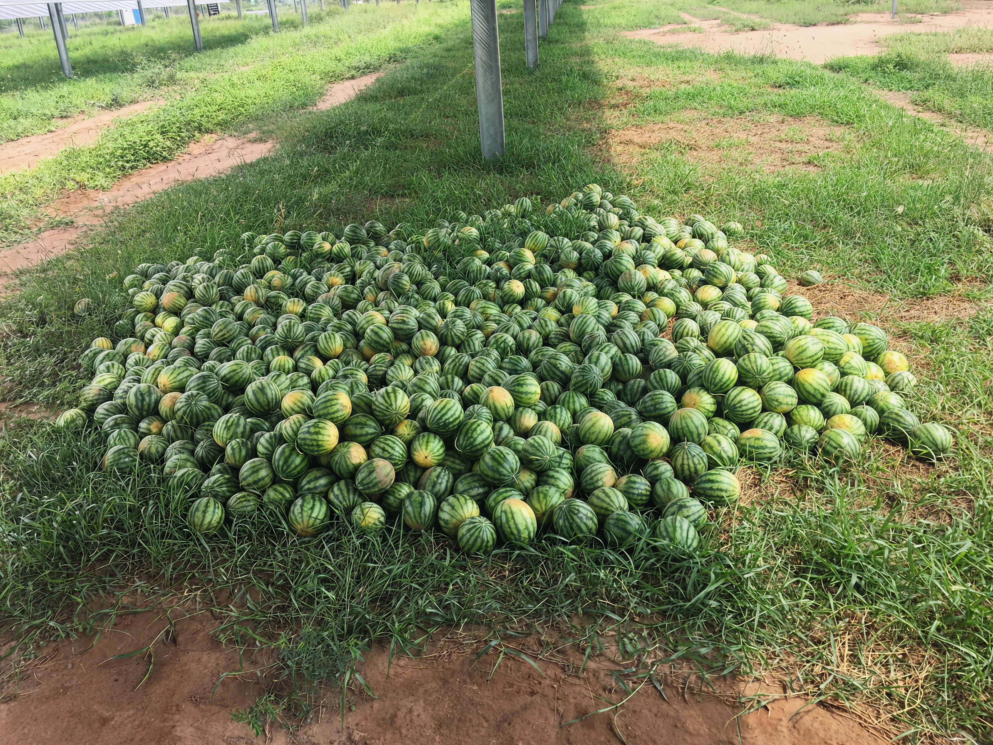 Gran pila de sandías recién cosechadas descansando sobre el pasto verde bajo estructuras metálicas de soporte.
